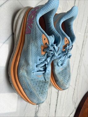 Hoka Clifton Women’s Light Blue and Orange Running Shoes Size 9